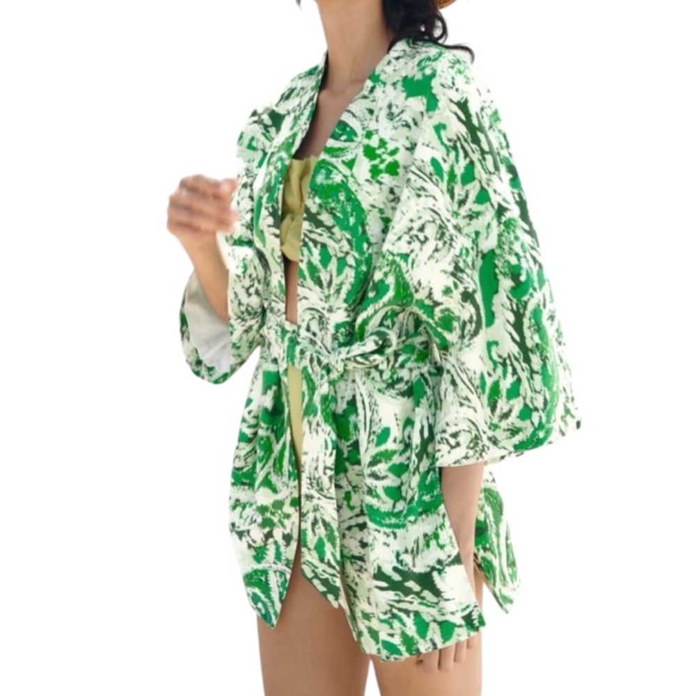 Zara Linen Blend Kimono Tie Front Mid Length Green Paisley Print Size Med/Large